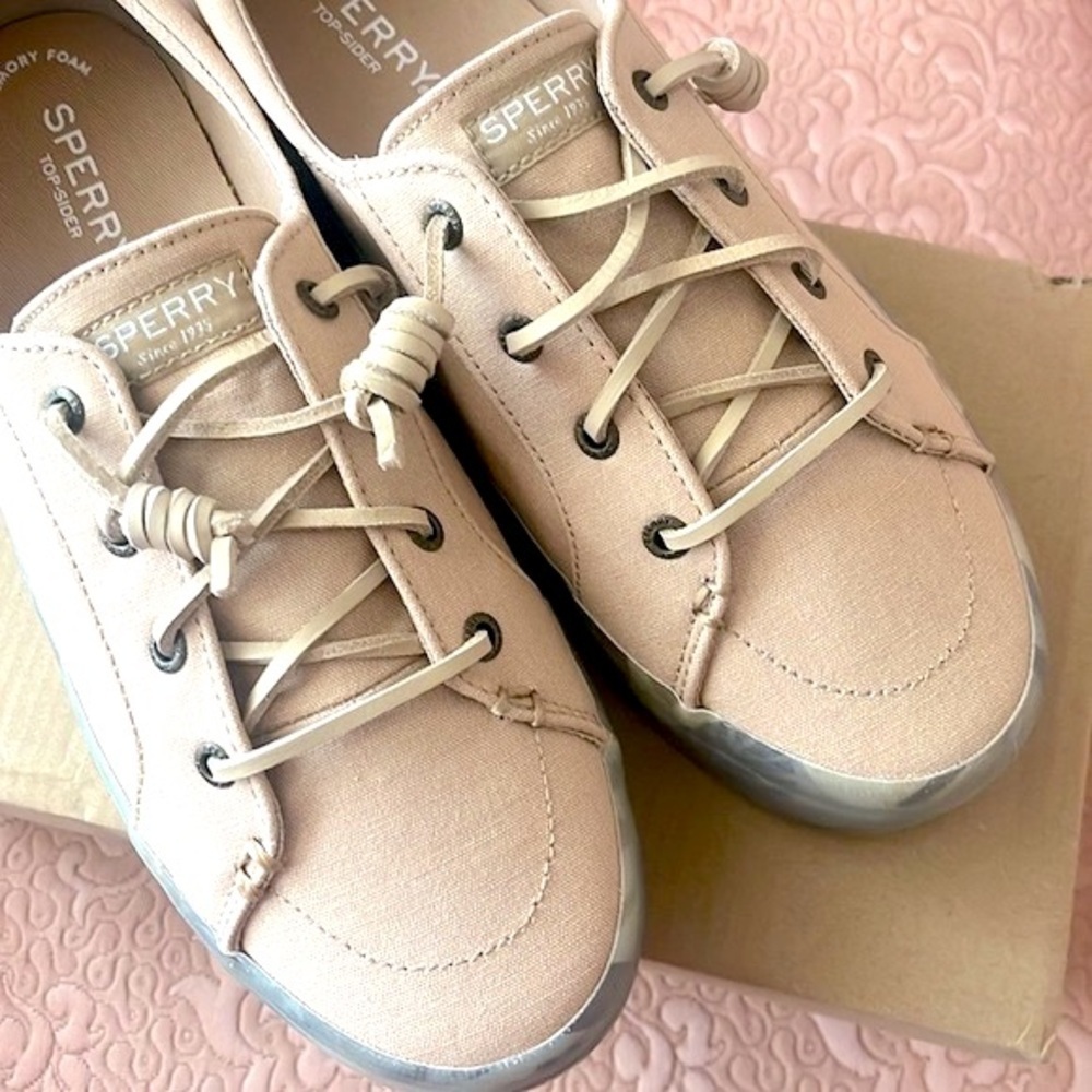 Brand New Sperry Crest Vibe Platform Sneakers Beige Green Leaf Tropical Neutral - Picture 15 of 16